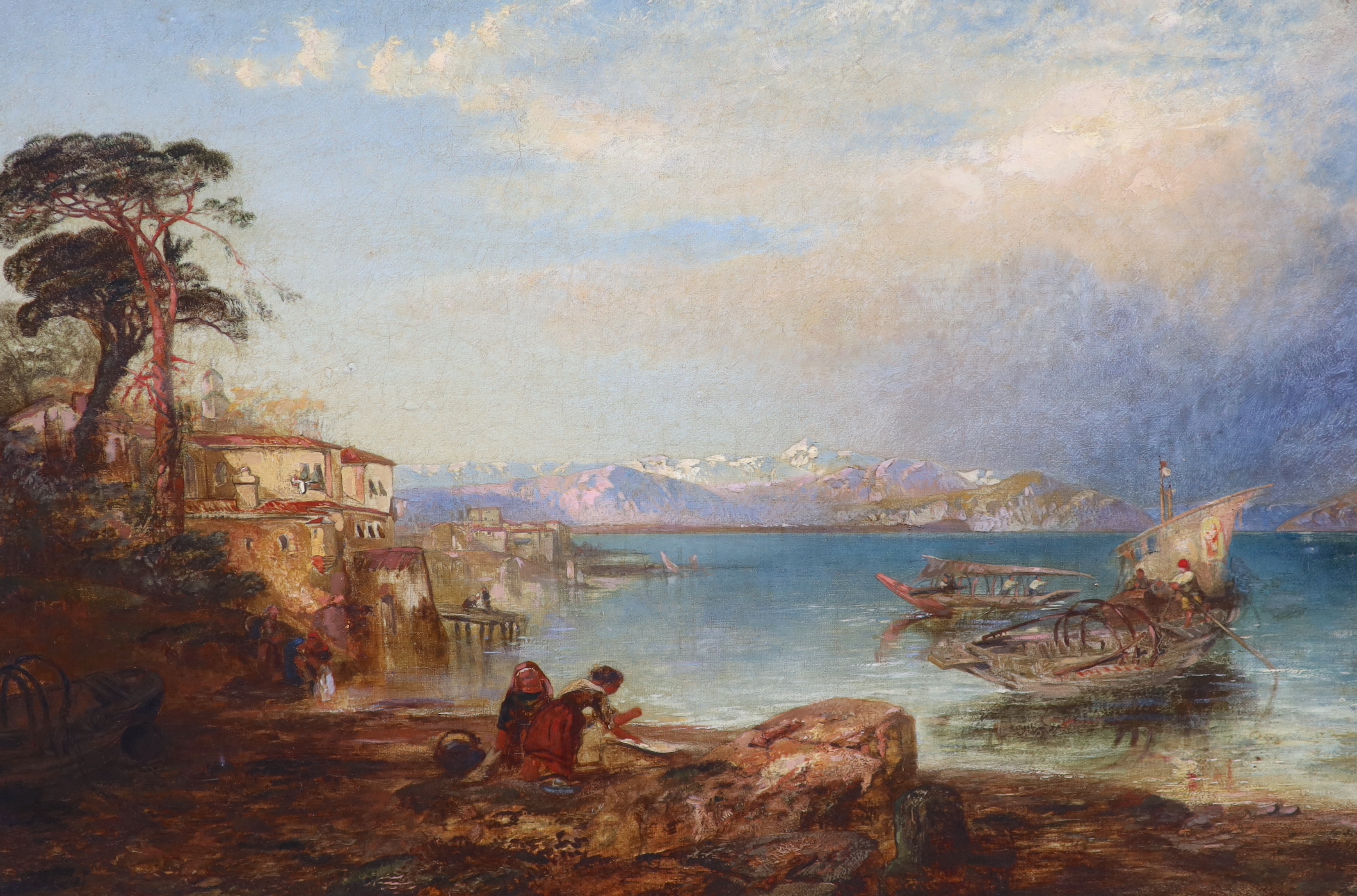 Attributed to James Baker Pyne (1800-1870), oil on board, Italian coastal landscape with gondolas, inscribed to the mount, 37 x 55cm